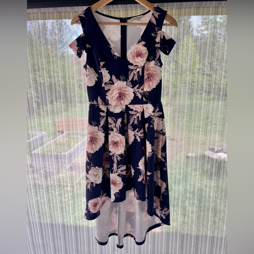 Blue Floral Charlotte Russe Dress with high low shoulder cut out